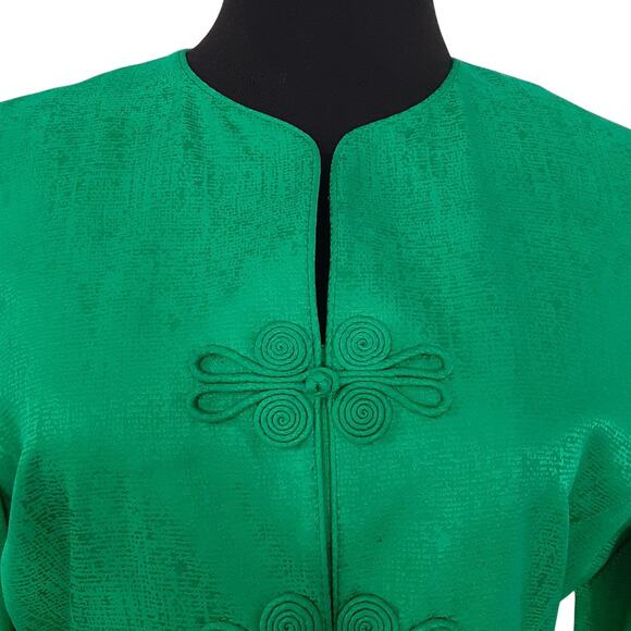 Vintage 80s Secretary Skirt Suit 100% Silk Toggle Front Blazer Set Womens 8 Teal - Picture 4 of 13